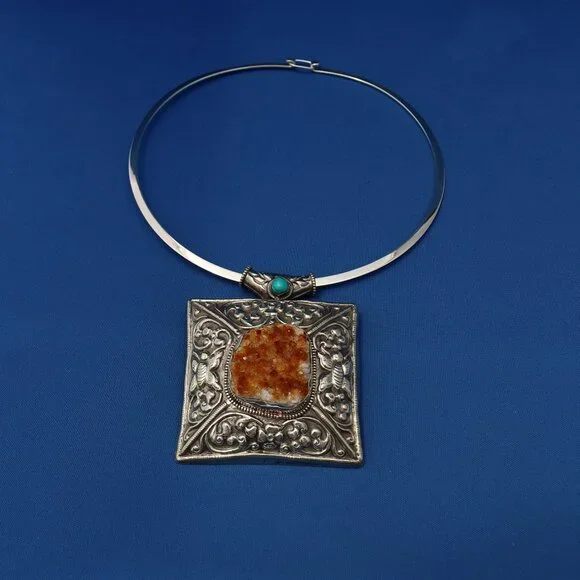 Vintage Nepalese Citrine Druzy and Turquoise Pendant Necklace